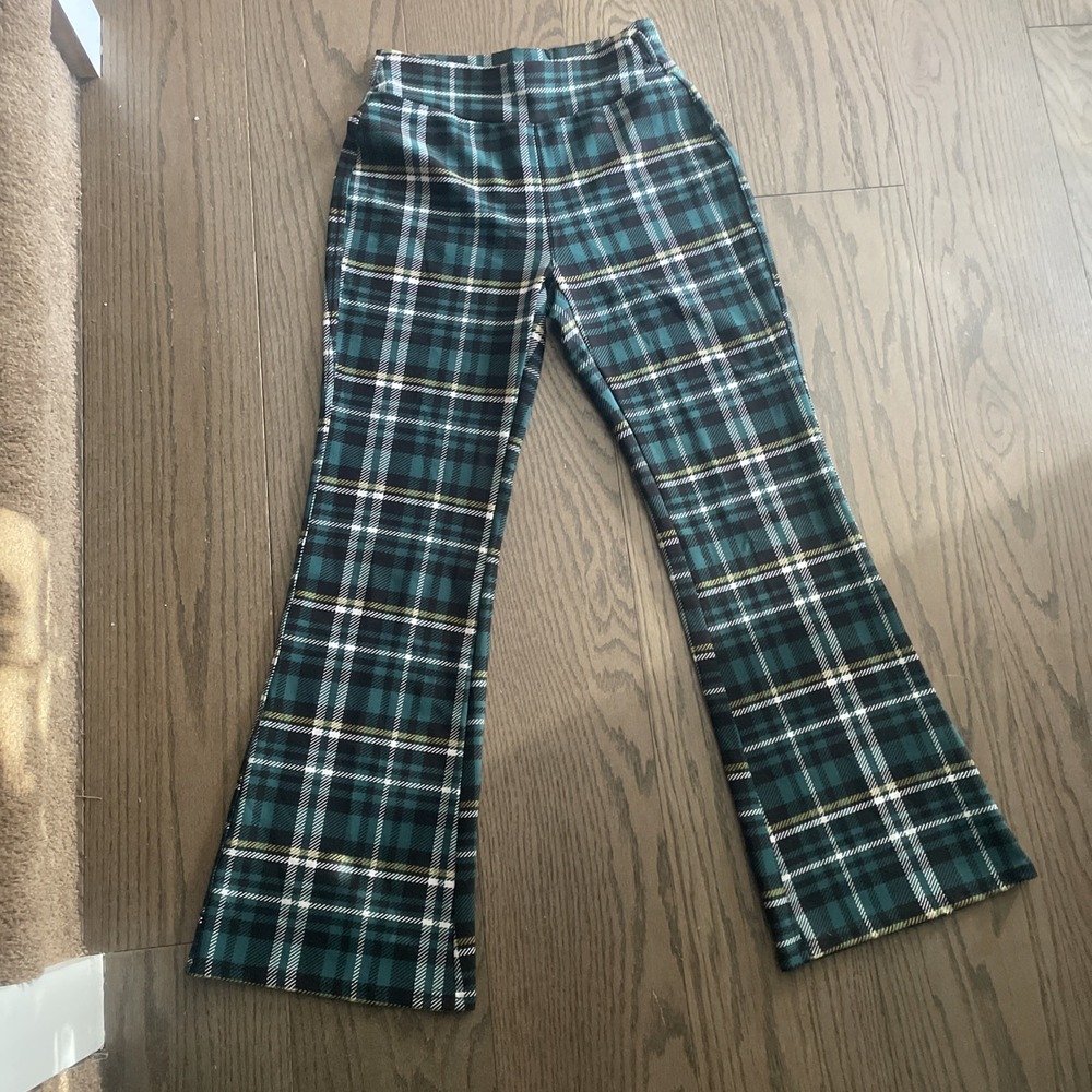 Indero Scuba Pants Womens Large/XL Black Green Plaid Stretch Pull On Bootcut‎